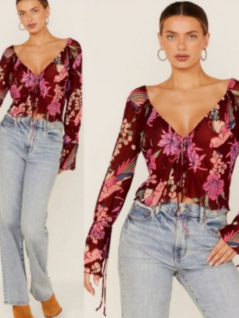 Free People Piece of Paradise Red and pink semi sheer bell sleeve  blouse Size L